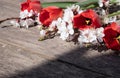 A bouquet of red tulips and white flowers on a background of wooden, old boards. Place for text. The concept of spring has come Royalty Free Stock Photo