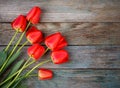 Bouquet of red tulips on wooden retro grunge background with copy space Royalty Free Stock Photo