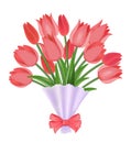 Bouquet of red tulips wrapped in paper, decorated with bow. Vector illustration, isolated on white Royalty Free Stock Photo