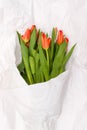 A bouquet of red tulips is wrapped in white paper. Beautiful spring flowers for the holiday. Romantic bouquet and crumpled paper Royalty Free Stock Photo
