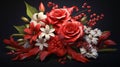 A bouquet of red and white flower roses lying on a black background. Flowering flowers, a symbol of spring, new life Royalty Free Stock Photo