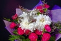 Bouquet of red and white flowers in purple paper, close-up on a black background Royalty Free Stock Photo