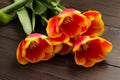 Bouquet of red and yellow tulips on a dark wooden background. Royalty Free Stock Photo