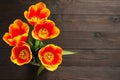 Bouquet of red and yellow tulips on a dark wooden background. The view from the top. Royalty Free Stock Photo