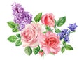 Bouquet of rose, lilac, bell flowers, isolated white background, watercolor botanical painting Royalty Free Stock Photo