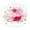 Bouquet of rose, peony, camellia, hydrangea, flying petals and e