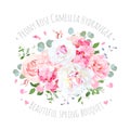Bouquet of rose, peony, camellia, hydrangea, flying petals