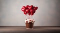 A bouquet of roses in a basket, a gift with heart-shaped balloons