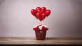 A bouquet of roses in a basket, a gift with heart-shaped balloons