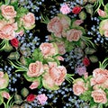 Bouquet roses, black background, watercolor,pattern seamless Royalty Free Stock Photo