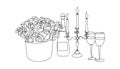 Bouquet of roses and candelabrum with candles, champagne and glasses continuous line drawing. One line art of flowers