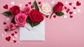 bouquet of roses with card A pink background with pink flowers, hearts, and an envelope. The flowers are roses and lilies Royalty Free Stock Photo