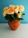 Bouquet of roses in a clay vase on a blue background Royalty Free Stock Photo