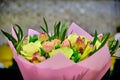 Bouquet of roses in the concert hall. Bouquet of flowers to congratulate the singers. Beautiful flowers for the singer on stage