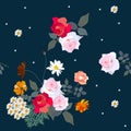 Bouquet of roses, daisies, cosmos flowers, isolated on black background. Seamless floral pattern. Vector illustration Royalty Free Stock Photo