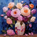 Bouquet of roses flowers in a vase on a blue background, modern impressionism. Printable digital oil painting, impasto. Generative