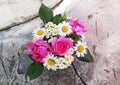 Bouquet of roses, geranium, daisies on a concrete wall with a crack