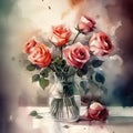 Bouquet of roses in a glass vase on a table, still life, watercolor painting Royalty Free Stock Photo