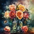 Bouquet of roses in a glass vase on a wooden table, still life, watercolor painting Royalty Free Stock Photo