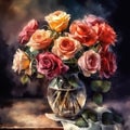 Bouquet of roses in a glass vase on a wooden table, still life, watercolor painting Royalty Free Stock Photo