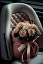 A bouquet of roses lies on a car seat. AI Generated