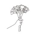 Bouquet of roses one line drawing. Continuous single hand drawn hand holding flowers. Vector romantic design minimalism