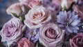 A bouquet of roses and other flowers, in a shade of pink, violet, close-up