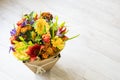 Bouquet with roses, red lily,  gerbera, dahlia and leaves. Royalty Free Stock Photo