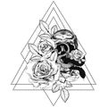 Bouquet of roses, snake and skull. Botanical line art illustration. Gothic vintage tattoo Royalty Free Stock Photo