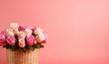 A bouquet of roses in a straw basket on a pink background. Created by AI tools Royalty Free Stock Photo