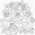 Bouquet of roses and sweets.Coloring book antistress for children and adults.