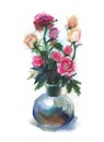 Bouquet of roses in a vase. Watercolor drawing isolated on white background Royalty Free Stock Photo