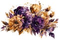 Bouquet of royal purple and gold flowers, Watercolor, Majestic and dramatic