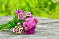 Bouquet of small carnations on a wooden background Royalty Free Stock Photo