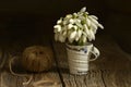 Bouquet of snowdrops flowers in a glass vase.