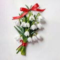 Bouquet of snowdrops tied with a red ribbon . Symbol of Spring .March 1 Tradition. Martisor and Baba Marta