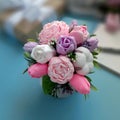 Bouquet of soap flowers on blurred blue background. Royalty Free Stock Photo