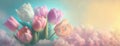 A bouquet of soft pastel tulips against a dreamy background. Panorama with copy space. Banner.