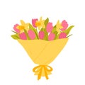 A bouquet of spring blooming flowers. Pink tulips and yellow daffodils. Floral decorative composition isolated on white background Royalty Free Stock Photo