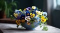 Bouquet of spring blue, yellow flowers violets in a vase on the table, generative AI tool