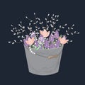 Bouquet of spring doodle flowers in grey bucket isolated on white background. Vector Spring floral composition with Royalty Free Stock Photo