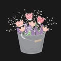 Bouquet of spring doodle flowers in grey bucket isolated on white background. Vector Spring floral composition with Royalty Free Stock Photo