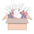 Bouquet of spring doodle hyacinths and tulips in cardboard box with a sweet bunny isolated on white background. Vector Royalty Free Stock Photo