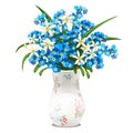 Bouquet of spring flowers and blue forget-me-nots in a porcelain vase isolated on white background. Vector cartoon close Royalty Free Stock Photo