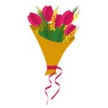 A bouquet of spring flowers, five tulips in a golden packaging with mimosa in a bouquet