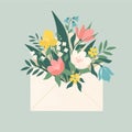 Bouquet of spring flowers inside the envelope and other decor elements. Flat design. Paper cut style. Hand drawn trendy