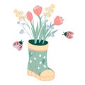Bouquet of spring flowers rubber boots, flat vector illustration isolated.