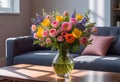 A bouquet of spring flowers in a vase on a table in the living room in the morning sun Royalty Free Stock Photo