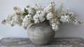 Bouquet of spring flowers, white lilac in concrete vase. Generative AI Royalty Free Stock Photo