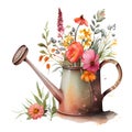 A bouquet of spring garden flowers in an iron watering can made using watercolor technique. Vintage old pot of Royalty Free Stock Photo